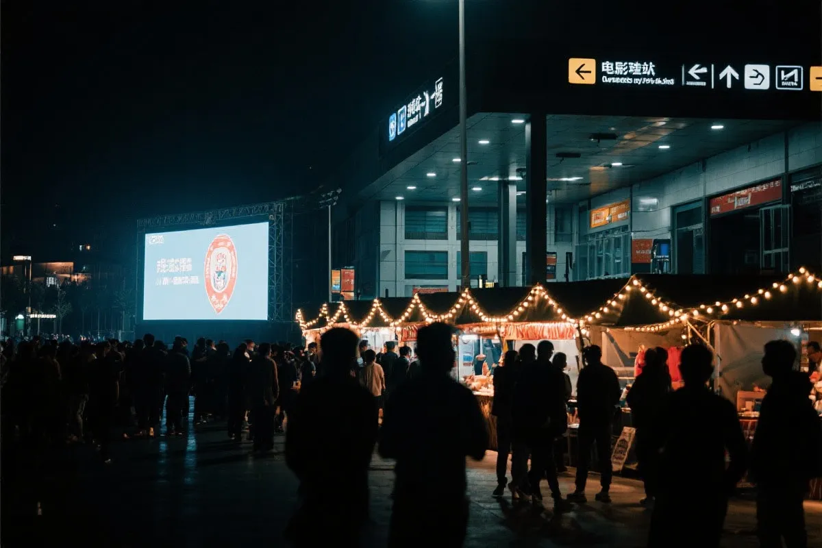 费城球迷广场夜景：大屏观赛人群、步行指示牌与公共交通入口